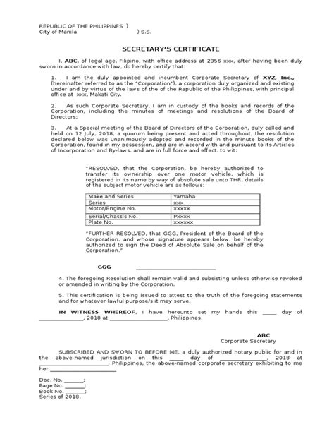 secretarys certificate  sale  car  common law government
