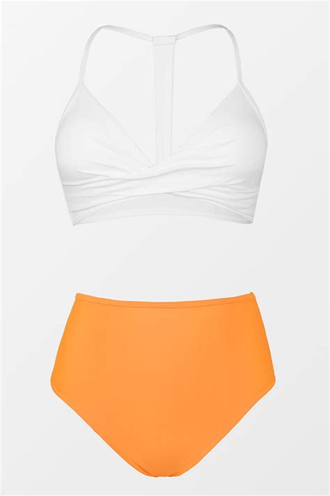 Bikini Blanc Uni Avec Un Bas Taille Haute Orange