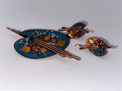 Vintage Matisse Enamel Copper Artist Palette Brooch Gem