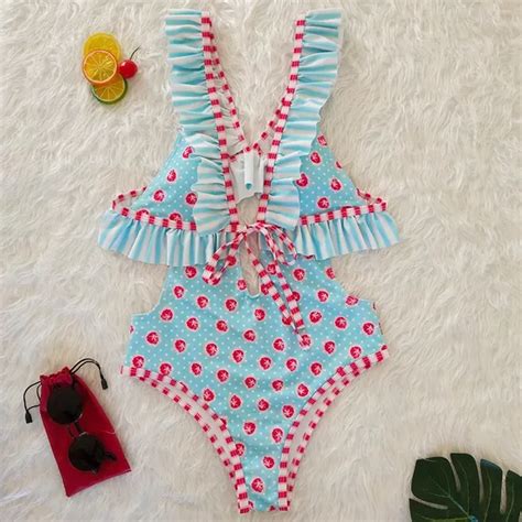 Sexy Deep V Printed Lotus Leaf Fashion Back Crossing Swimsuit Swimsuit And Bikini Price