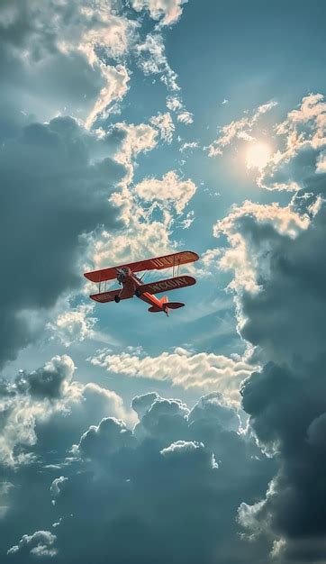 Premium Photo A Red Plane Flying Through The Clouds With The Sun