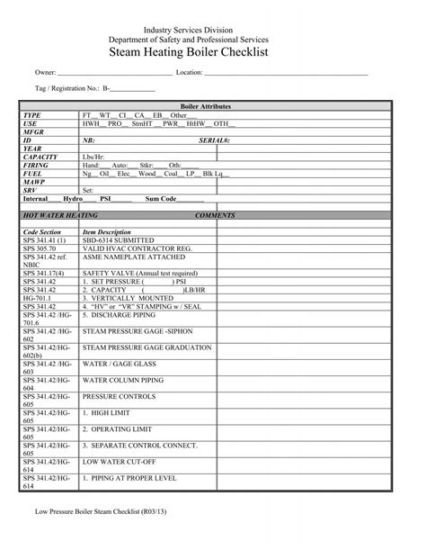 Steam Boiler Inspection Checklist