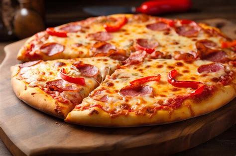 Premium Photo Pepperoni Pizza With Bell Peppers Tomato Olive And Cheese