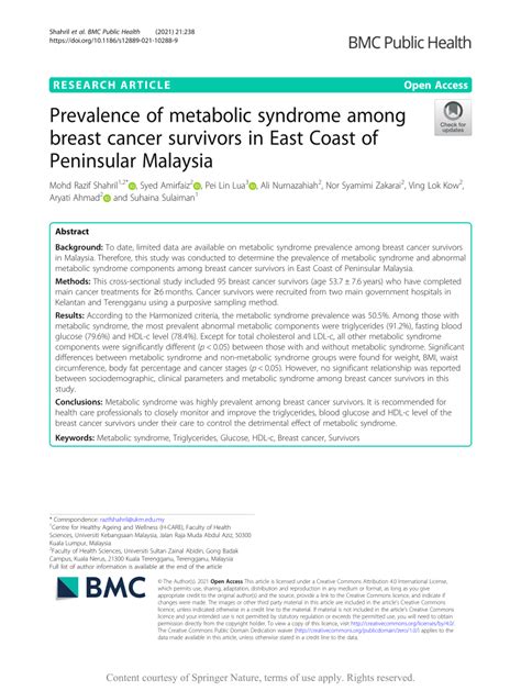 Pdf Prevalence Of Metabolic Syndrome Among Breast Cancer Survivors In