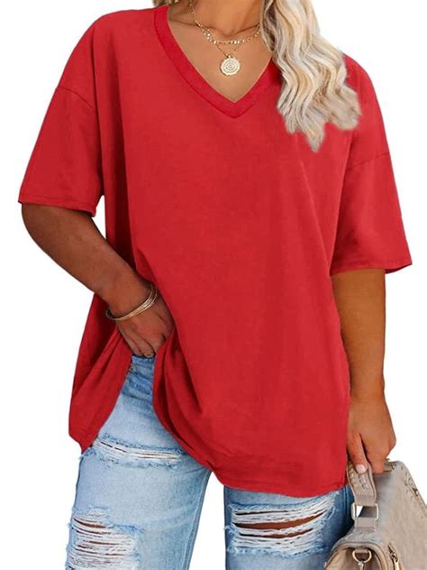 Langwyqu Solid Color V Neck Women Plus Size Casual Tee Shirt Loose Fit