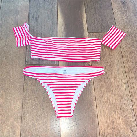 Aerie Striped Crop Cold Off Shoulder Bikini Top Botto Gem