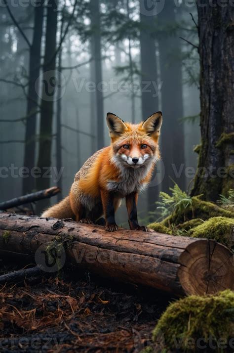 fox stands   log   misty forest showcasing  beauty