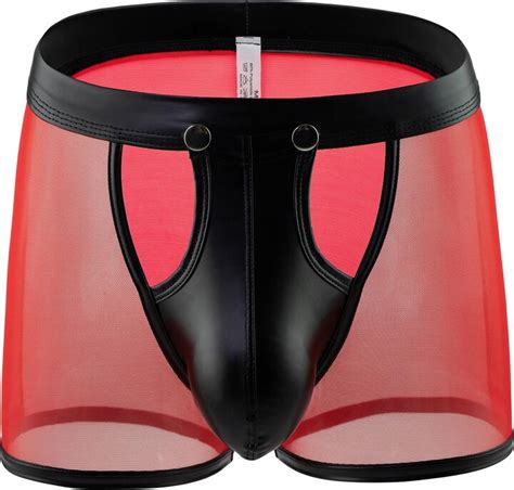 Drelaar Men S See Through Mesh Lingerie Boxer Shorts With Detachable Faux Leather Buckled Pouch