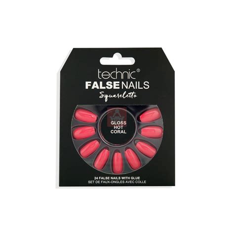 Technic False Nails With Glue Squareletto Gloss Hot Coral 24 Pcs