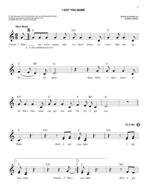 Sonny Cher I Got You Babe Sheet Music