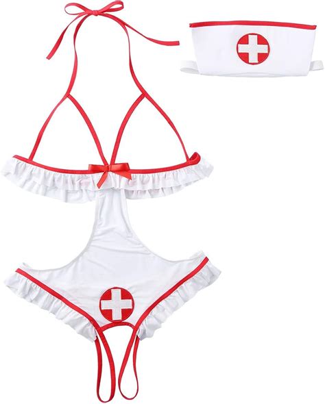 IEFiEL Sexy Women S Nurse Costume Backless Chestless Bodysuit With Hood G String Body Lingerie