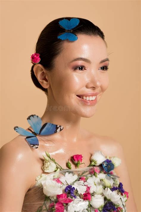Smiling Naked Asian Girl In Flowers With Butterflies On Body Stock Image Image Of Butterflies