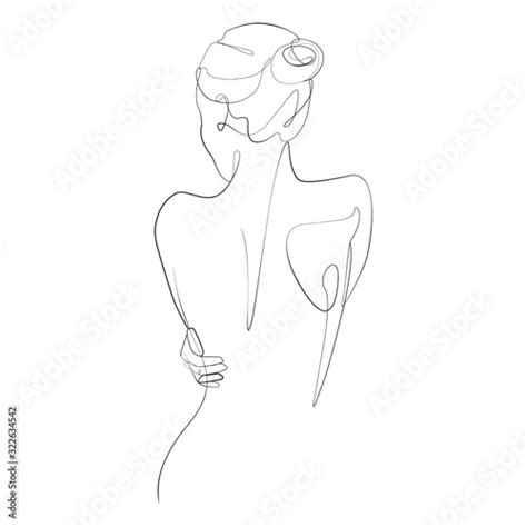 Naked Woman Standing Back One Line Drawing On White Isolated Background Vector Illustration