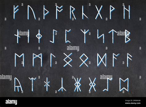 Blackboard With The 34 Glyphs Used In Anglo Saxon Runes Alphabet Same