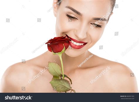 Attractive Naked Woman Red Lips Holding Stock Photo 680991502 Shutterstock