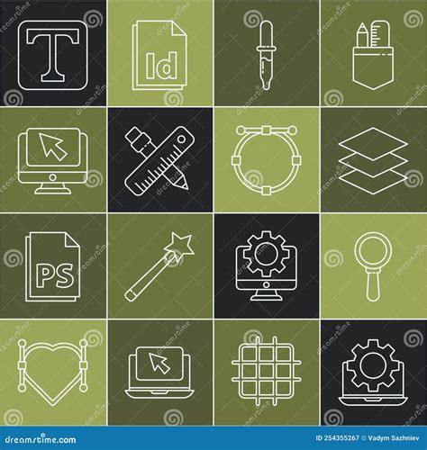 Set Line Laptop and Gear, Magnifying Glass, Layers, Pipette, Crossed