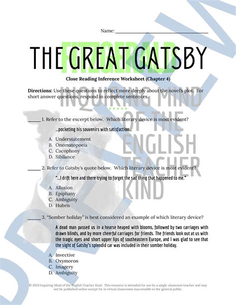 The Great Gatsby Chapter 4 Close Reading Analysis Worksheet | Teaching