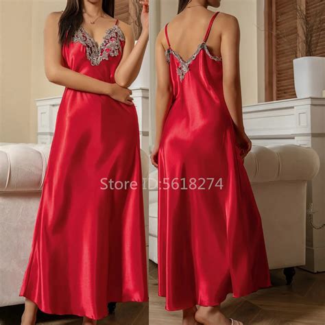 Lace Patchwork Nightdress Sexy Lingerie Women Satin Home Dress Long Sleepwear Nightgown Summer