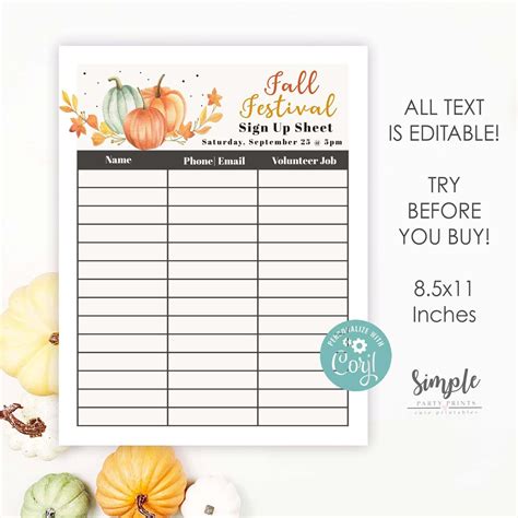 Editable Fall Festival Volunteer Sign Up Sheet Instant Printable