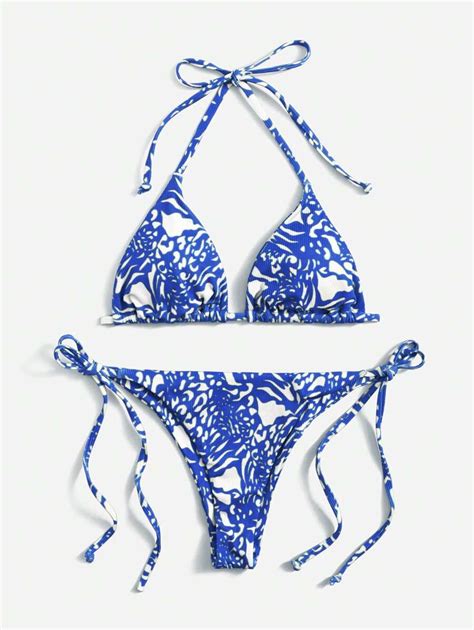 SHEIN Swim Summer Beach Allover Print Halter Triangle Tie Side Bikini