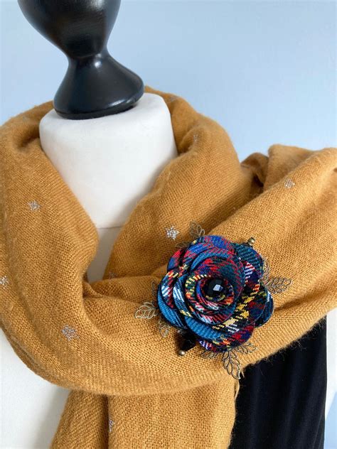Tartan Rose Brooch In Anderson Tartan Blue Tartan Brooch Etsy Uk
