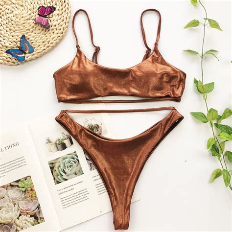 2022 Sexy Bright Shiny Brown Bathing Suit Split Triangle Bikini Black