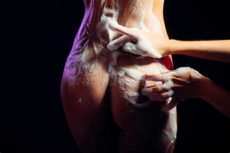 Love Relations In Bath With Foam Girl Body Relax In Shower Sex Games Desire And Orgasm Stock