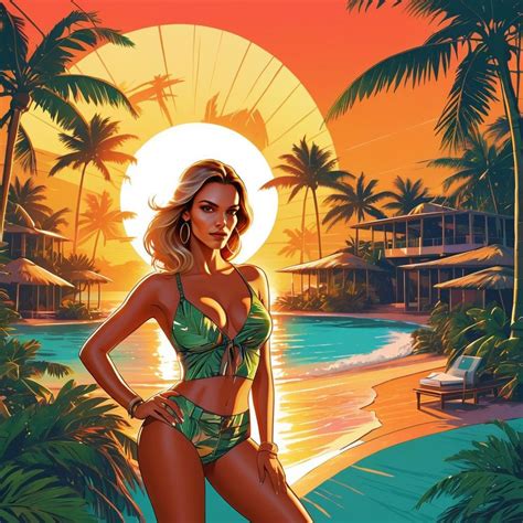 Confident Woman In Tropical Bikini At Sunset