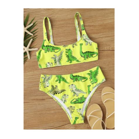 Eugris Cartoon Dinosaur Bikini Swimsuit M