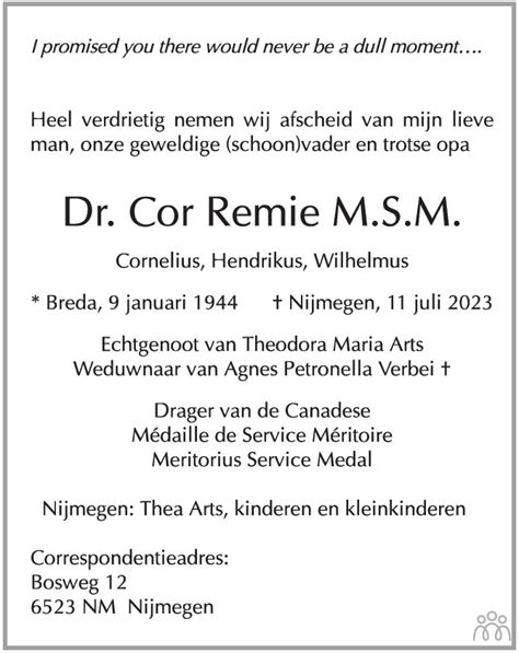 Cor Cornelis Hendrikus Wilhelmus Remie 11 07 2023 Overlijdensbericht