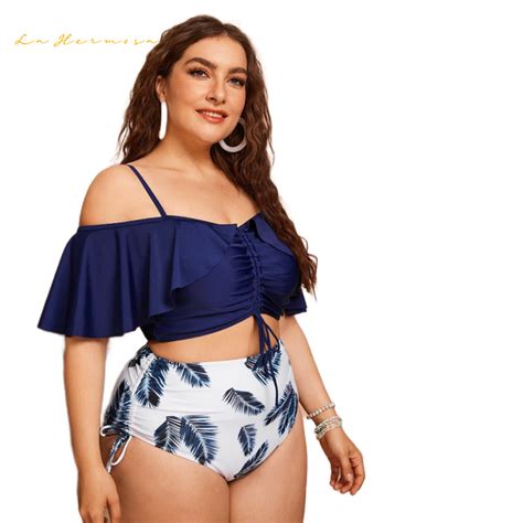 Sexy Bikini Plus Size Drawstring Two Piece Ruffled Bikini One Shoulder Suspenders High Waist