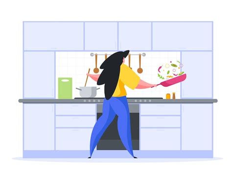 Fille Pr Parant Le D Ner Dans La Cuisine Illustration Plat Vecteur