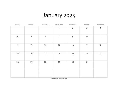January calendar 2025 fillable