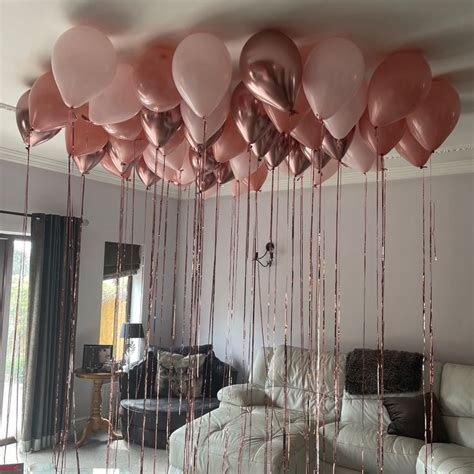 Rose Gold And Blush Pink Ceiling Balloons With Shimmery Foil Tails