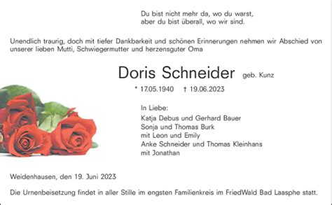 Traueranzeigen Von Doris Schneider Vrm Trauer De