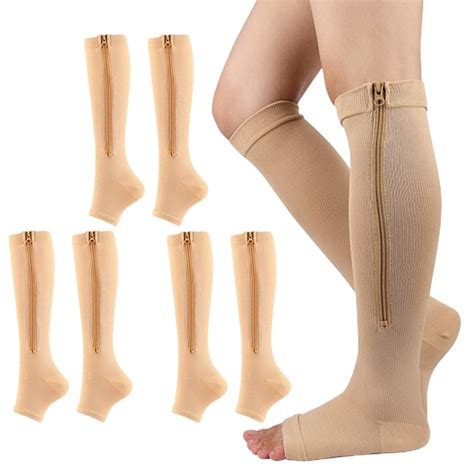 3 Pairs Zipper Compression Socks Open Toe Knee High Graduated Pressure Support Hose For