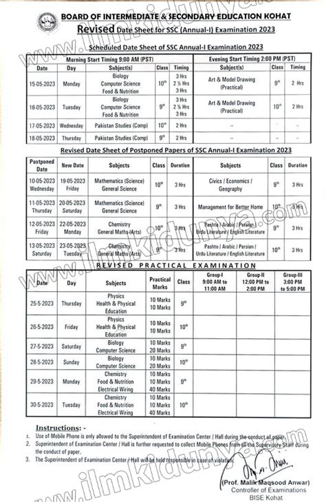 Bise Kohat Board 9th Class Date Sheet 2023