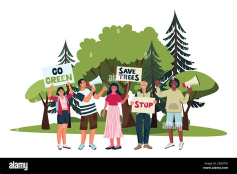 Environmental activists campaign against deforestation. Vector flat ...