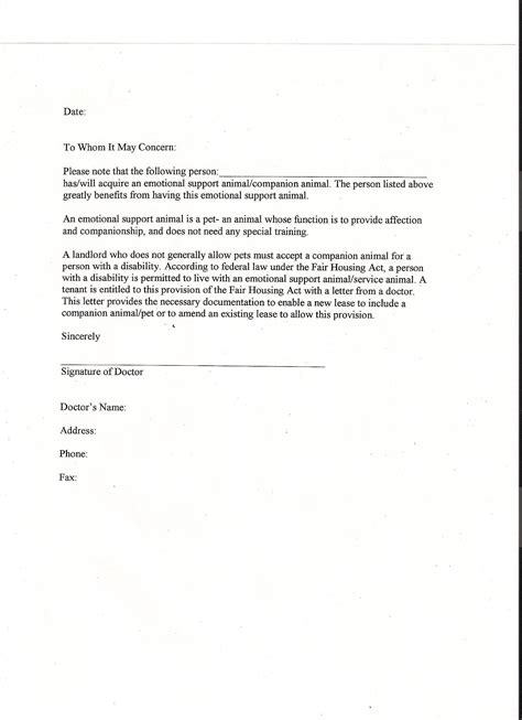 Emotional Support Animal Letter Template