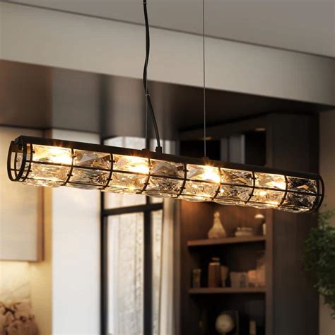 Lnc Cristallo Modern Light Black Linear Chandelier With Crystal Shade