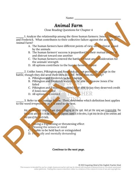 Animal Farm by George Orwell Chapter 4 Reading Comprehension Worksheet