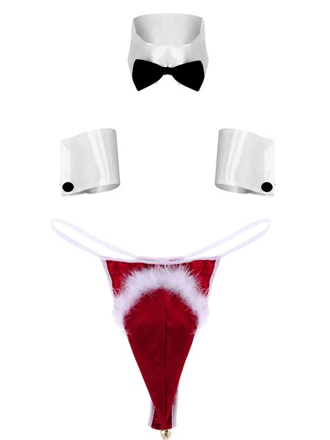 TiaoBug Mens Christmas Lingerie Costume Thong Briefs Underwear With Collar Cuffs For Club Party