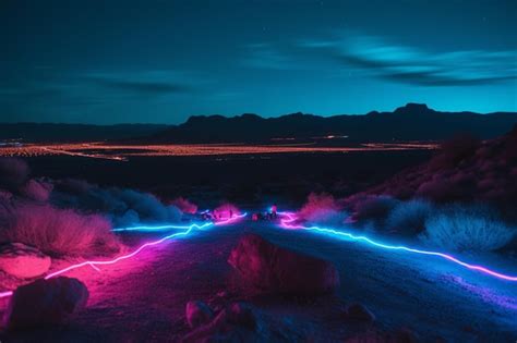 Premium AI Image | Pink and blue neon lights dance across the landscape