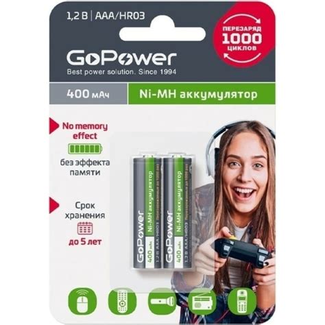 Бытовой аккумулятор GoPower HR03 AAA BL2 NI-MH 400mAh 00-00018319 ...