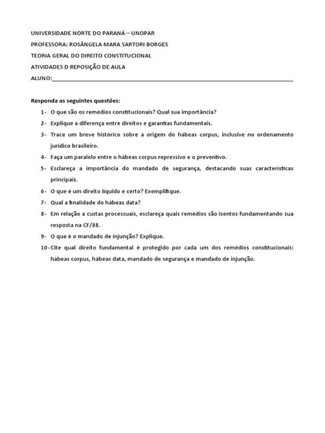 Questões Sobre Remédios Constitucionais - Questões sobre Remédios Constitucionais | PDF