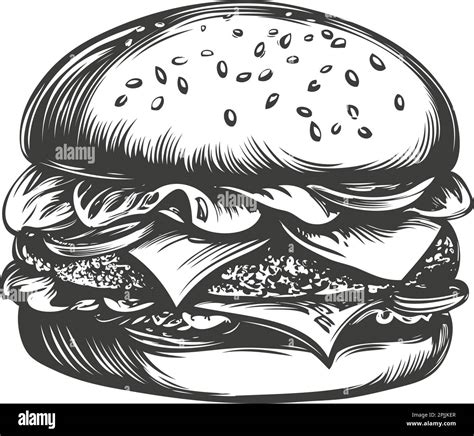 Big Burger Hamburger Hand Gezeichnet Vektor Illustration Skizze Retro Stil Stock Vektorgrafik