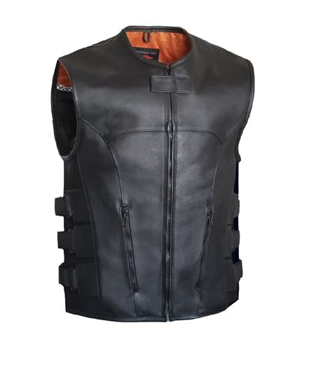 Motorcycle New Mens Black Leather Vest with Straps - Austin Leather