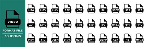 file format video icons set  glyph style collection  file