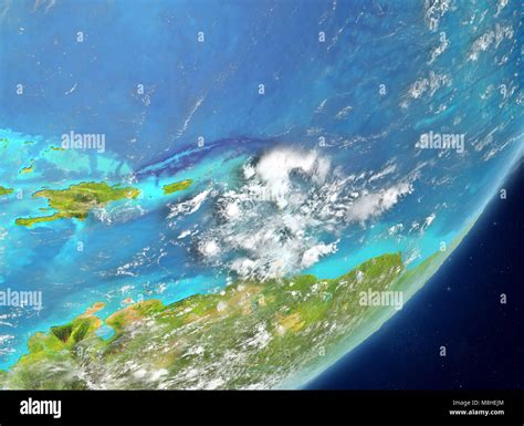 Satellite View Of Caribbean Highlighted In Red On Planet Earth With