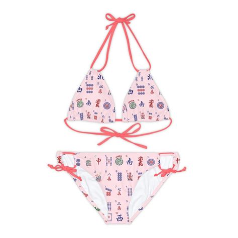 Mahjong Tiles Strappy Bikini Set Beach Swimwear Cute Summer Bathing Suit Pool Party Outfit